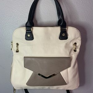 Steve Madden Cream Handbag Zip Closure Satchel with Gray Envelope Pocket.